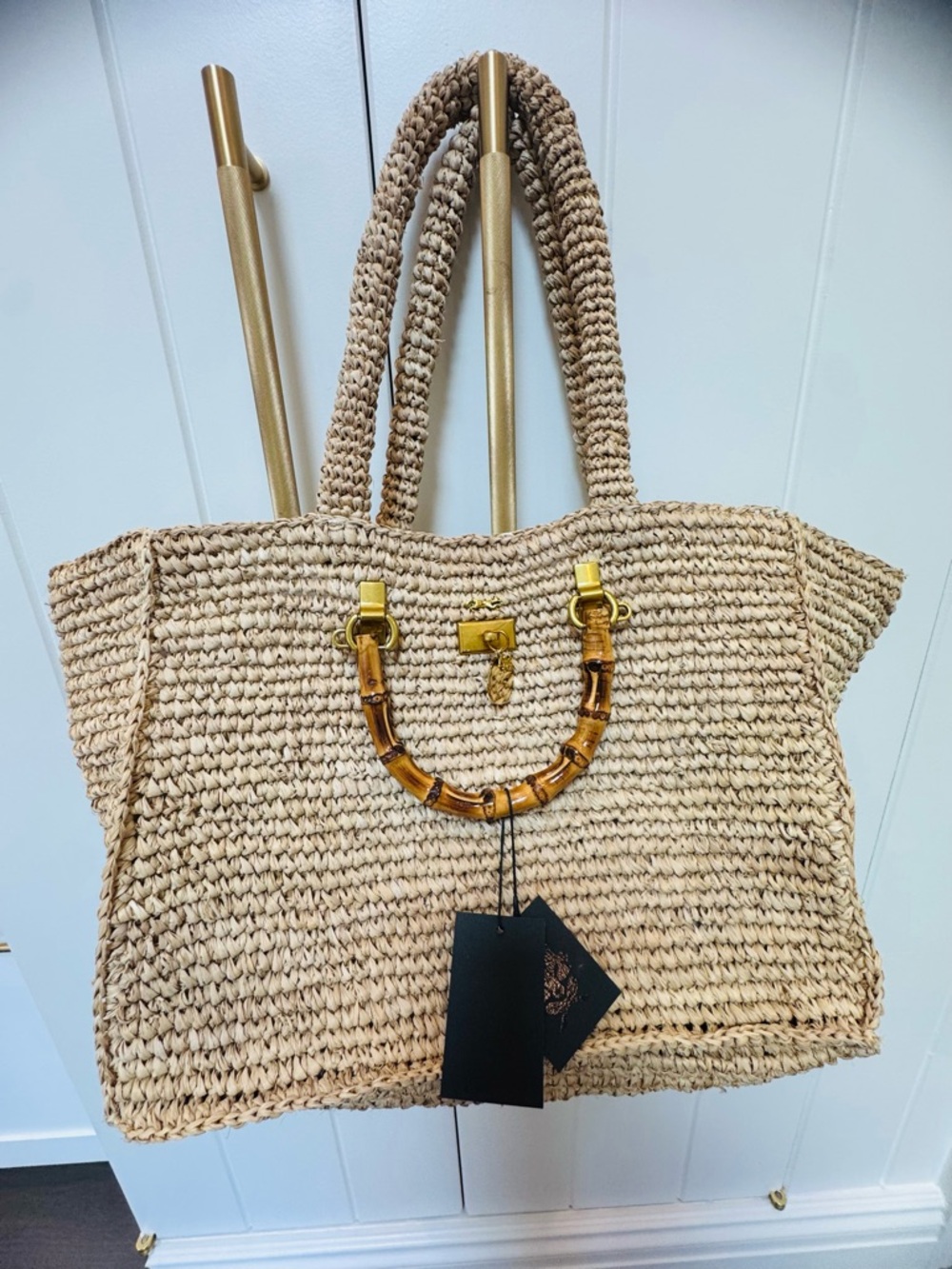 Mme Mink Astrud Tote Woven Straw Shoulder Bag with Bamboo Handle - Natural - Picture 5 of 11